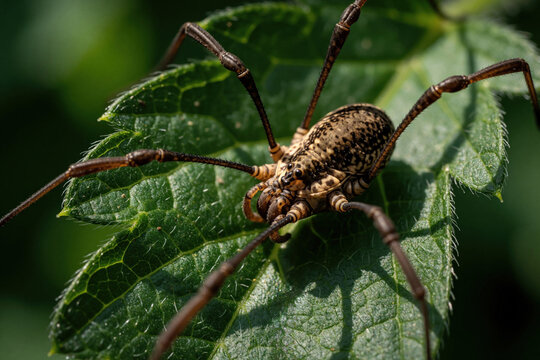 Macro view of harvestman arachnid on vibrant green leaf. Detailed opiliones with long legs rests on plant foliage in natural outdoor setting.