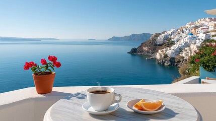 Obraz premium Coffee and orange slices on terrace overlooking caldera