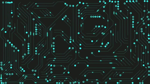 A futuristic digital circuit board (PCB) background featuring technological lines and glowing cyan data points set against a dark backdrop.