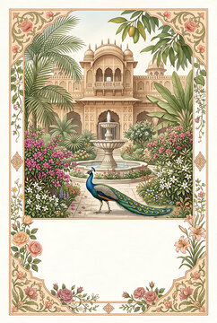 Elegant traditional Indian architecture with lush greenery and vibrant peacock in a colorful garden scene