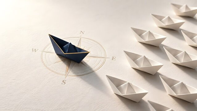 Blue paper boat leading white boats on a compass rose symbolizing business leadership and strategic direction