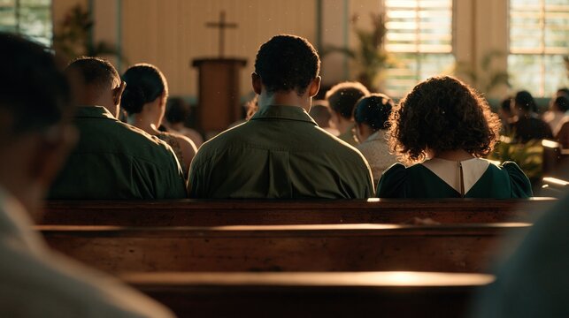 Congregation seated in wooden pews facing altar during