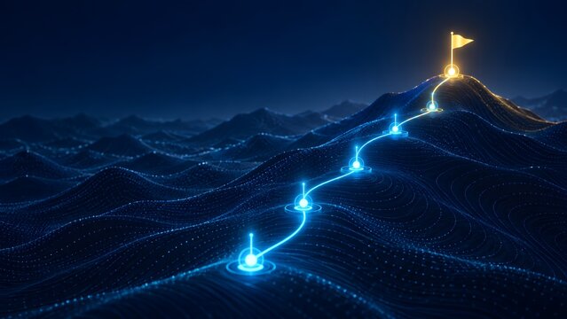 Glowing digital pathway winding up a dark mountain to a golden flag representing strategic milestones and ultimate success