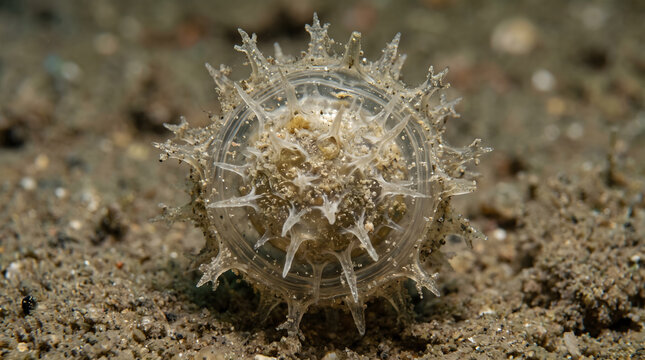 Spiky white ocean microorganism resting on sandy seabed