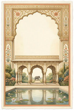 Elegant architectural courtyard with ornate archways and reflective pool capturing intricate design and traditional