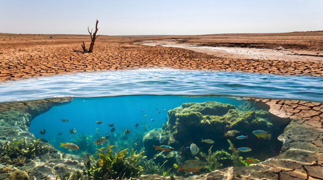 Over under split view of mangrove lagoon and coastal shore