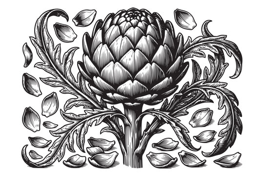 Engraved illustration of a whole globe artichoke with scattered leaves