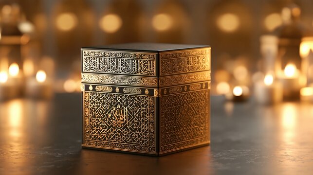 Ornate black and gold Quranic box illuminated by