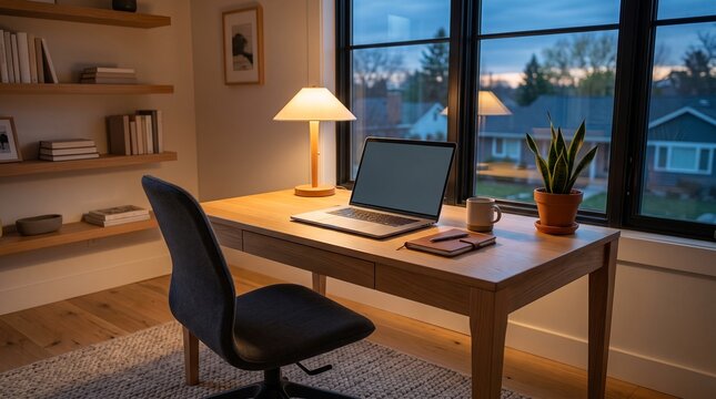 Cozy Modern Home Office Desk Setup with Laptop Lamp Plant and Window View at Dusk