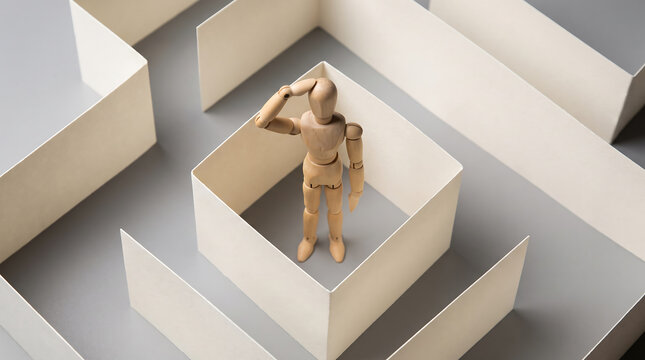 Wooden mannequin trapped inside a maze, symbolizing confusion and difficulty in finding a solution
