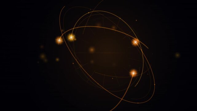 Glowing orbital paths and luminous particles looping in a dark cosmic background for seamless overlay use
