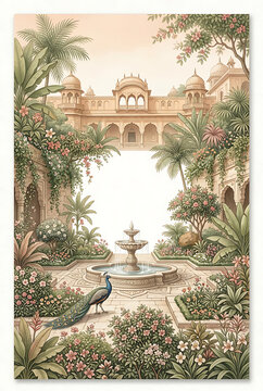 Serene historic palace garden with lush greenery and elegant fountain tranquil scene overlooking classical architecture