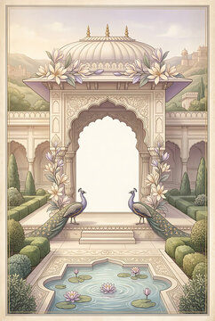 Elegant intricately designed palace entrance with lush gardens and decorative water features showcasing traditional architecture