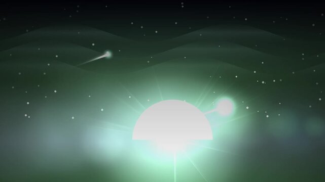 A stylized green nebula forms an abstract background with a glowing sun partially above the horizon line.