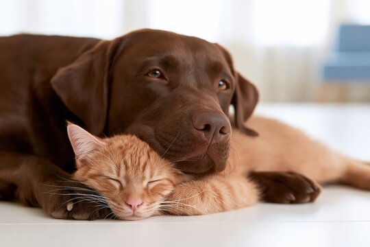 Brown dog lying down with sleeping ginger cat