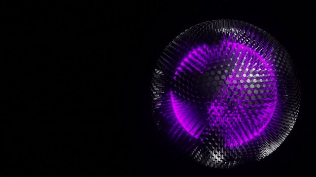 A futuristic, spherical object featuring a surface texture composed of metallic hexagonal patterns and encircling spikes. 