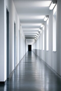 Long modern white corridor with windows and doors