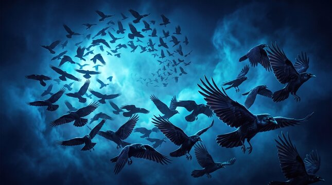 A swarm of dark black crows flying in a swirling vortex against a moody blue sky backdrop, mysterious Halloween atmospheric background design.
