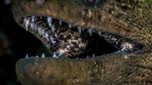 Close up of moray eel mouth with sharp teeth open in dark ocean