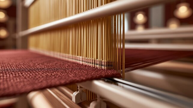 Close-up of a weaving machine producing red fabric
