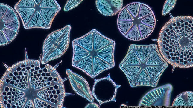 Geometric diatom algae shells magnified under microscope