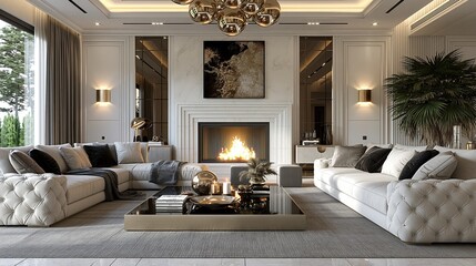 Obraz premium Luxurious living room with fireplace and modern decor