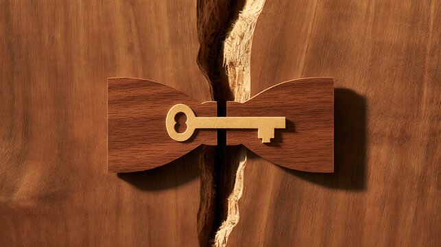 A golden key spans a crack in wood as a conceptual image of repair and solutions