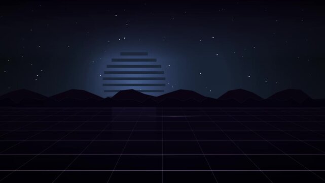 Retro synthwave style looping background featuring a glowing horizon and a perspective grid over a dark mountain silhouette.