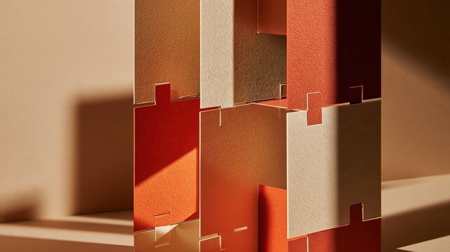 Interlocking red and cream panels create a compact modular architectural sculpture