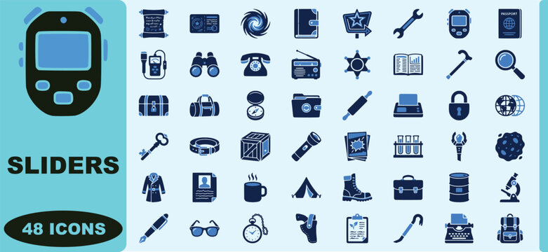 Sliders and miscellaneous utility set of forty eight blue and black symbols on a light blue