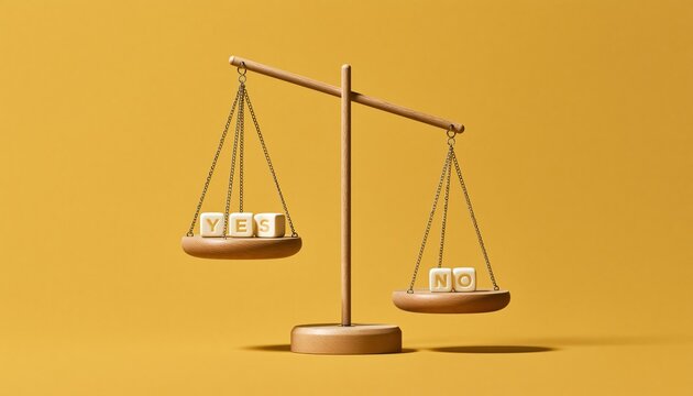 Wooden balance scale tipping with yes and no