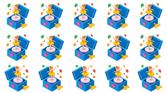 Isometric music box icon bundle with spinning ballerina doll and wind-up key in flat vector style