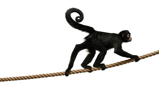 Black spider monkey walking on thick rope