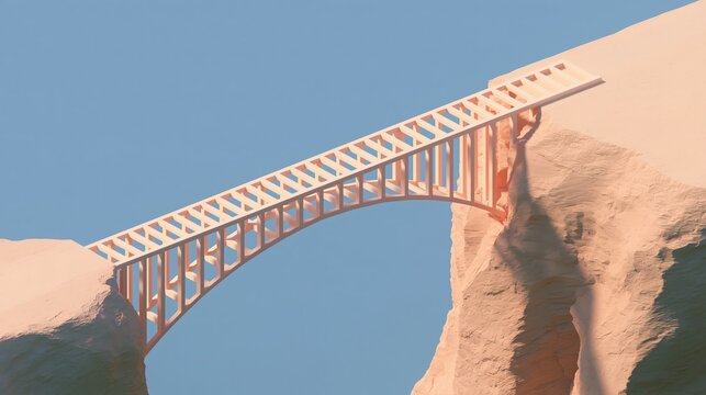 A delicate miniature bridge spans a gap between sculpted landforms in pastel colors