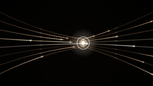 Glowing light rays radiate outward from a central ring against a dark background.