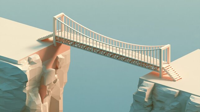 A delicate miniature bridge spans a gap between sculpted landforms in pastel colors