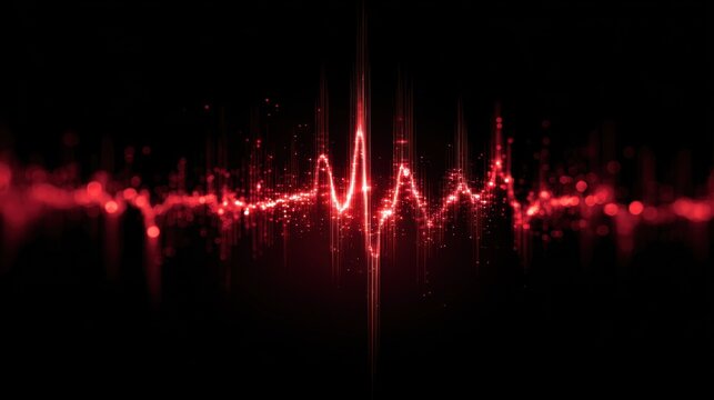 Abstract Red Waveform Visualization with Sparkling Particles on Black Background for Modern Technology Concepts