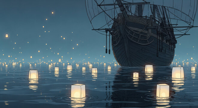 Majestic wooden sailing ship floating peacefully upon dark ocean waters surrounded by numerous glowing paper lanterns under a night sky