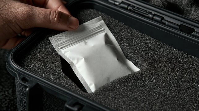 A hand places an unlabelled desiccant packet inside a protective equipment case