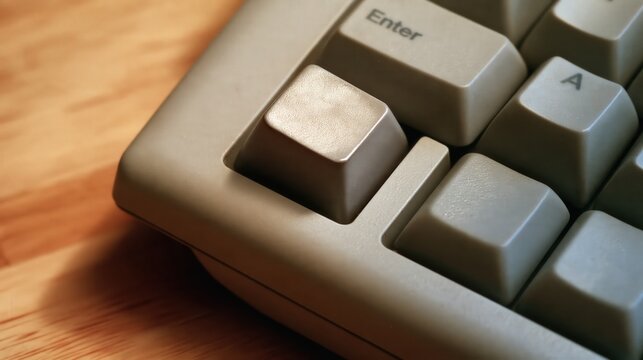 Worn beige keyboard keys catch warm light on a wooden desk