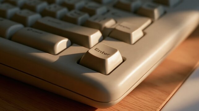 Worn beige keyboard keys catch warm light on a wooden desk