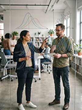 Business colleagues analyzing data and graphs on a glass whiteboard in an office