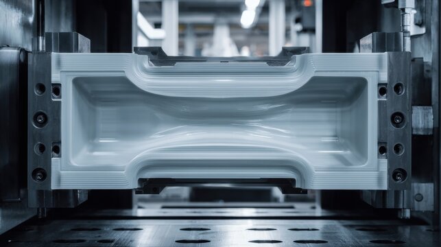 Industrial manufacturing process with advanced injection molding machine capturing detailed mold structure in factory setting