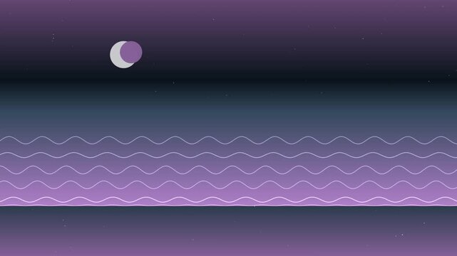 A calm purple night scene shows stylized layered waves beneath a dark starry sky and a glowing crescent moon, forming a serene looping background for a video overlay.