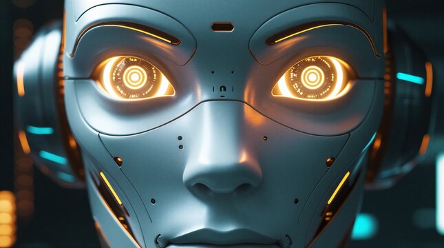Primer plano de rostro rob&oacute;tico con ojos brillantes futuristas