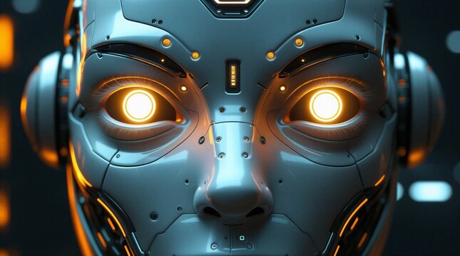 Primer plano de rostro rob&oacute;tico con ojos brillantes futuristas