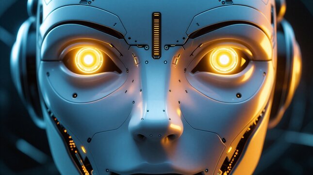 Primer plano de rostro rob&oacute;tico con ojos brillantes futuristas