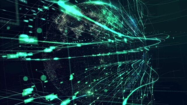A futuristic, high-tech background featuring a 3D digital globe surrounded by a global data network, glowing green signal lines, light particles, and futuristic interface elements.