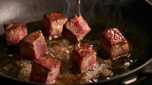 Seared A5 wagyu beef cubes, incredible marbling melting into the pan, luxury food photography