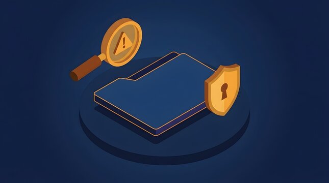 Data security and protection concept Folder with shield and magnifying glass with warning sign isometric illustration on dark blue background